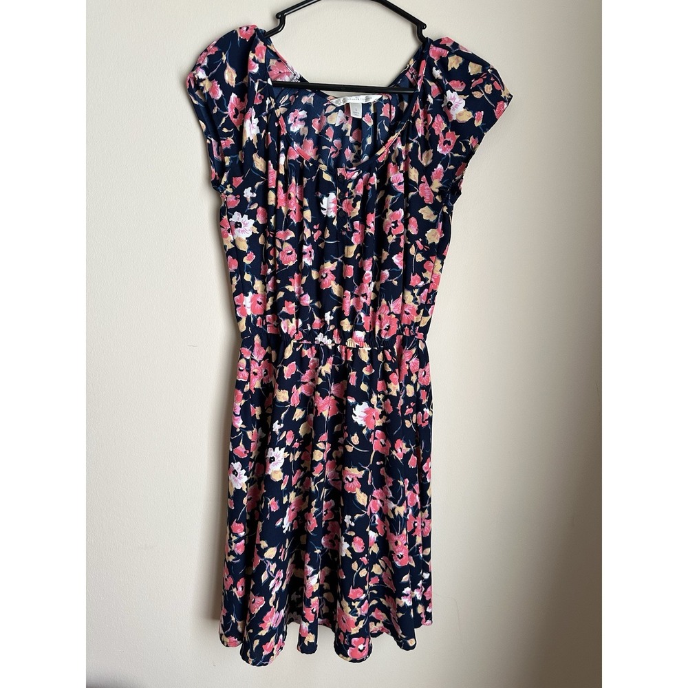 LC Lauren Conrad Floral Fit and Flare Dress Navy Pink Cap Sleeve Small